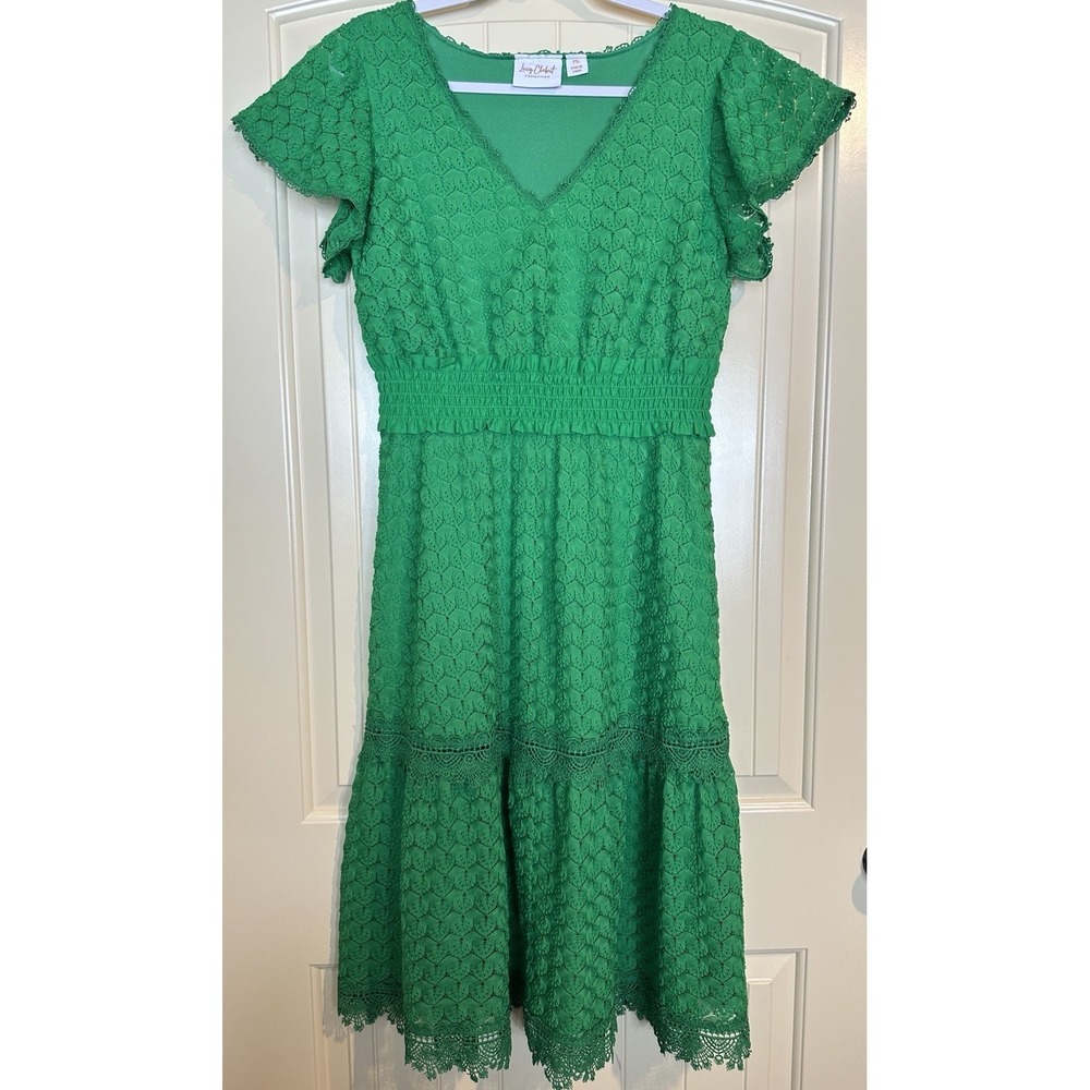 Lacey Chabert Knit Lace Tiered midi Dress green smocked boho sz PM wedding party